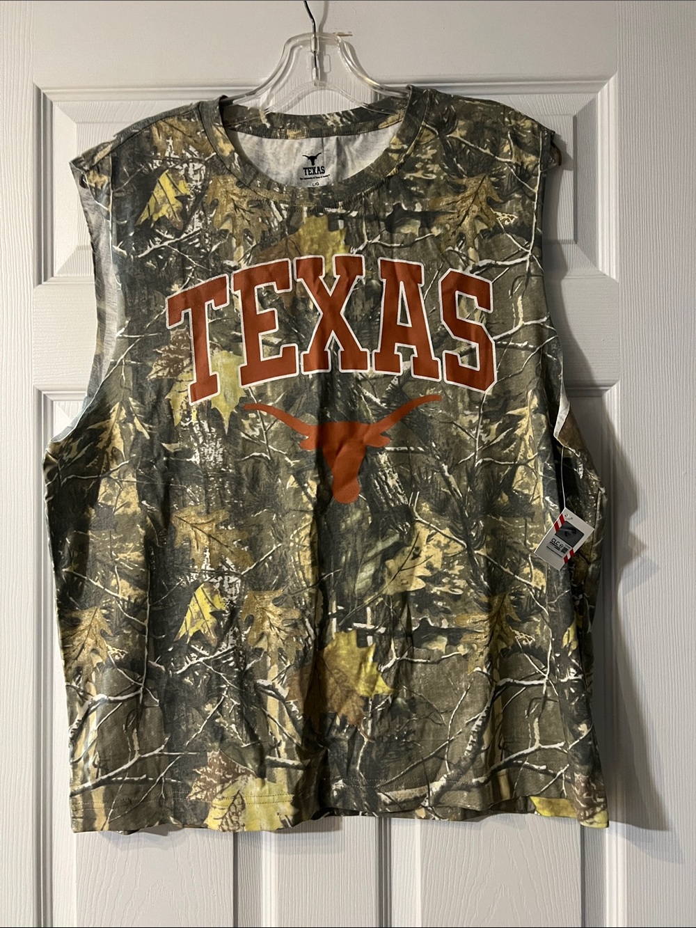 Texas Sleeveless Camo Tank Top with Burnt Orange Longhorn